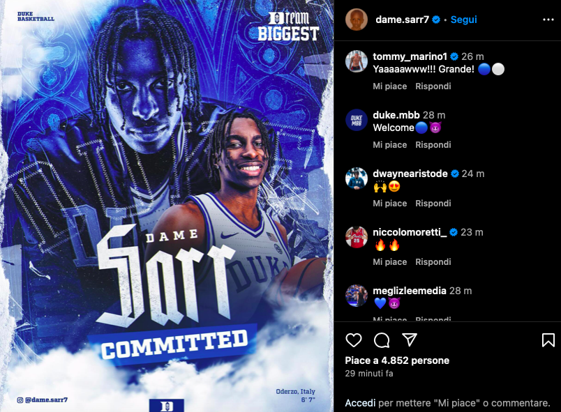 DAME SARR ANNUNCIA IL SUO APPRODO A DUKE