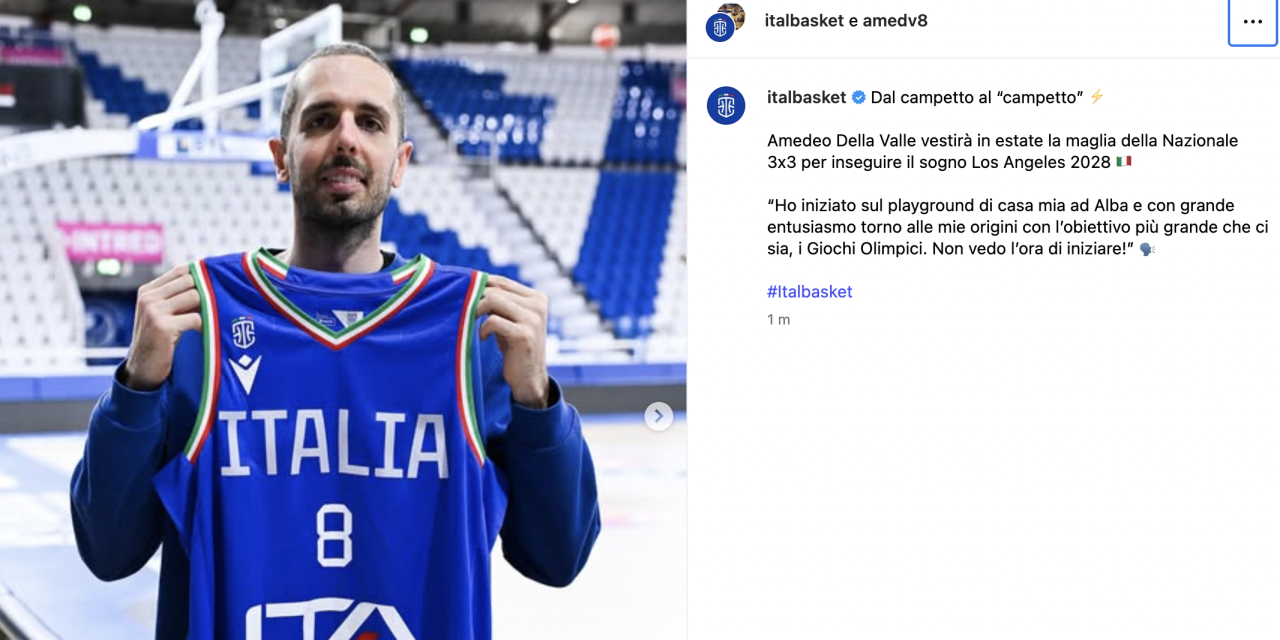 AMEDEO DELLA VALLE TORNA IN AZZURRO: VESTIRÀ LA MAGLIA DELLA NAZIONALE 3×3