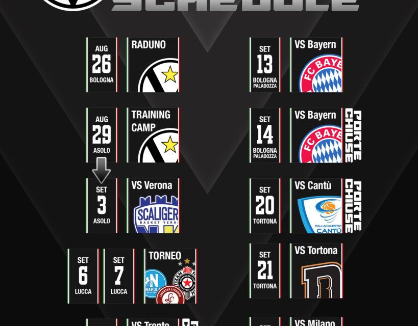 La pre season della Virtus Bologna: il 26 agosto il raduno, dal 29 agosto il ritiro ad Asolo. Amichevole il 13 settembre al PalaDozza con il Bayern